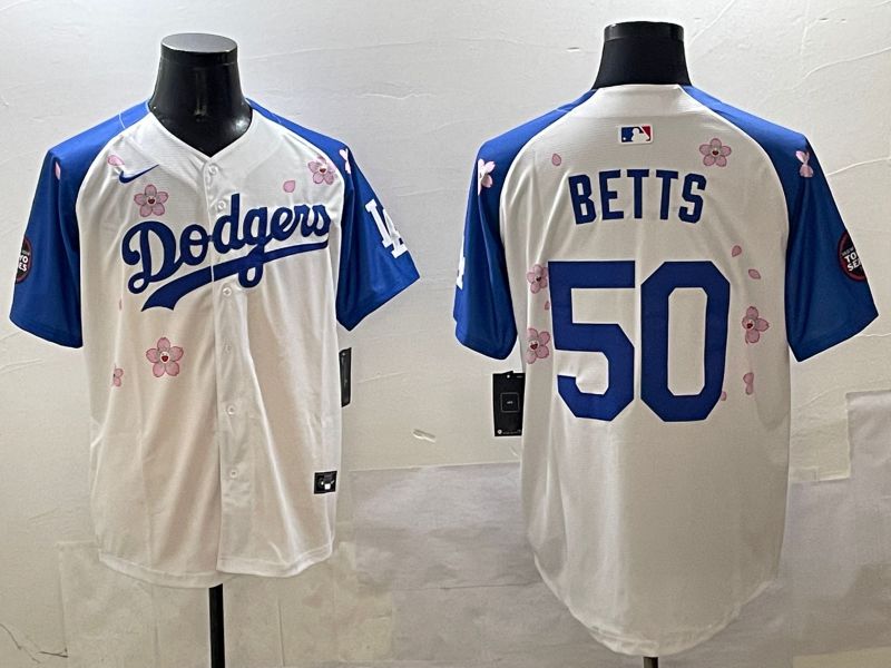 Men Los Angeles Dodgers 50 Betts White Blue Sakura Edition 2025 Nike MLB Jersey style 1